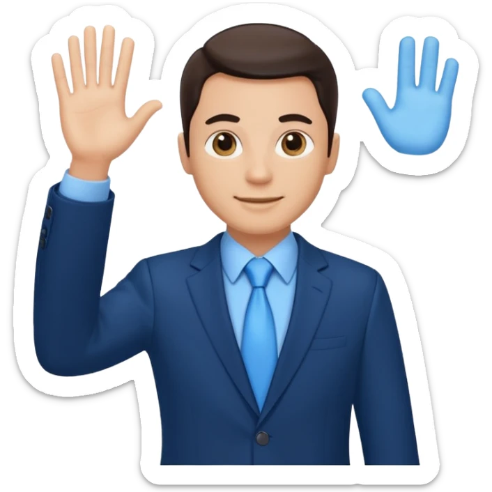Make emoji of me in a dark blue business suit and light blue shirt waiving to new clients sticker