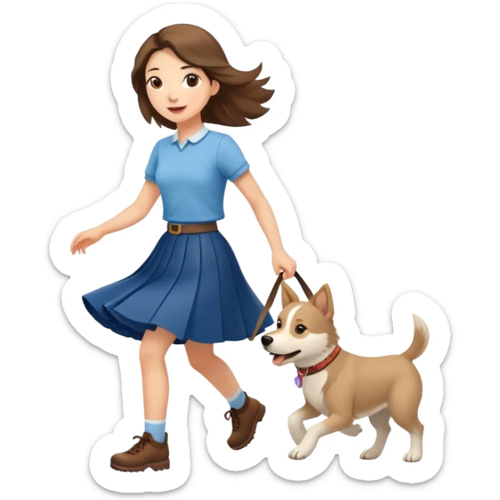 A beautiful girl with fair skin wearing a skirt happily chases the Alaskan dog sticker