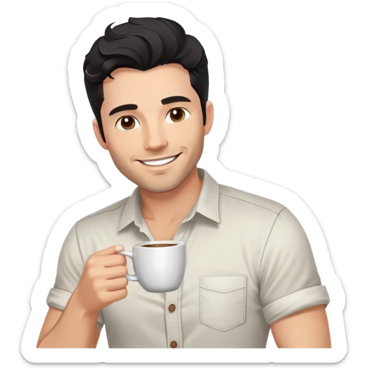 Casual portrait of a 35-year-old man with black wavy hair, stubble, strong jawline, white skin tone, wearing casual button-up shirt with rolled sleeves, holding coffee cup, friendly approachable smile, relaxed confident pose for social media sticker