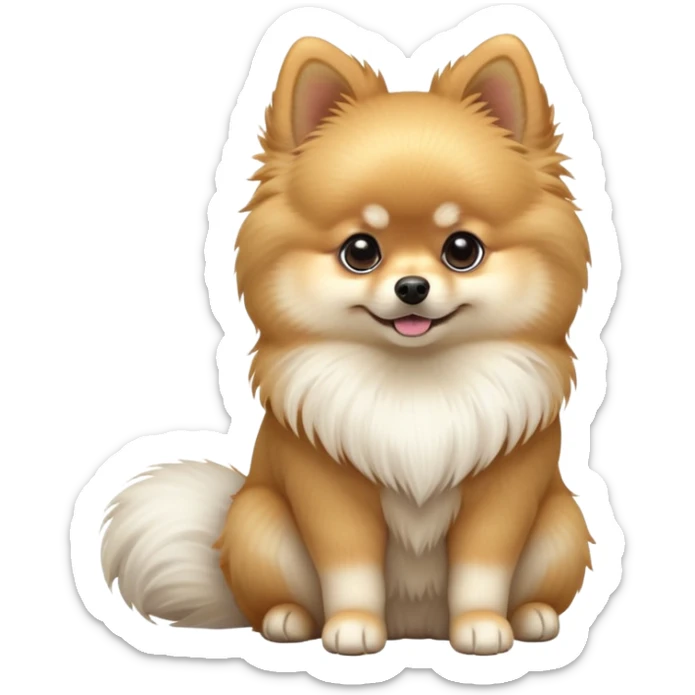 cinematic-[pomeranian]-realistic-full-body-sitting-emoji,-tail-resting-loosely-beside-its-paws,-head-tilted-dramatically, -fluffy-[cream]-fur,-simplified-yet-realistic-focused-features,-highly-detailed,-glowing-with-an-almost-sarcastic-glow sticker