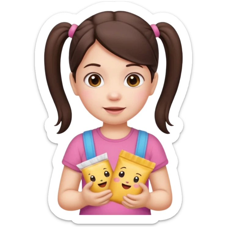 Cute small Toddler emoji with two pigtails dark brown hair, fair skin, in pink top, holding toddler snacks sticker