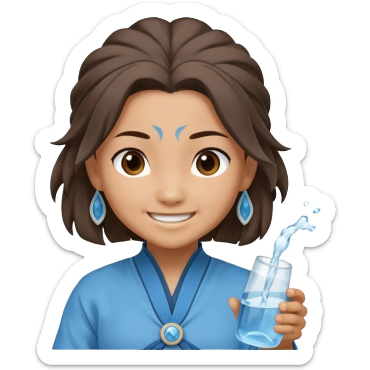 Katara from Avatar: The Last Airbender as an emoji, smiling, blue Water Tribe clothes, hair loopies, holding water sticker