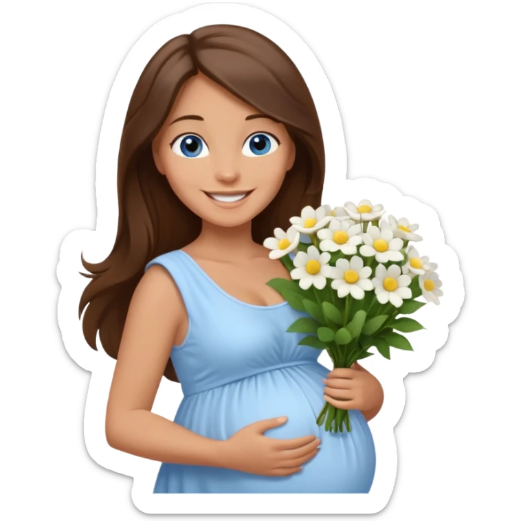 Create a cute emoji-style illustration of a young brunette woman with long brown hair, blue eyes, and a happy smile. She is pregnant, shown with a visible baby bump, wearing a simple white dress and holding a small bouquet of flowers. She looks excited and joyful, as if she's about to marry soon. sticker