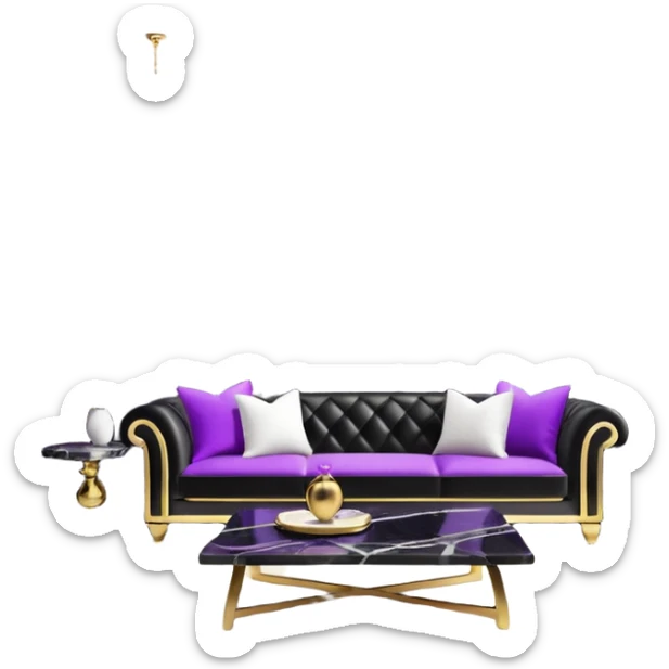 Luxurious black marble living room with gold and white accents and with a purple pillow  sticker