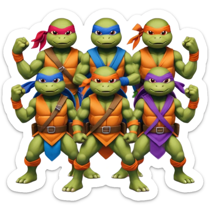 Give me a picture of 4 teenage mutant ninja turtles. Make them hold a fighting pose. Their bandana colors should be red, another orange, another purple, another blue. sticker