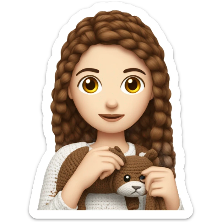 White girl with straight brown hair crocheting an animal sticker