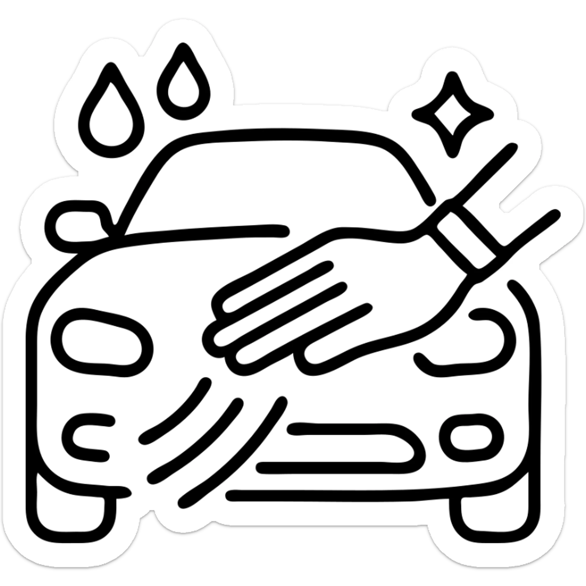 outlined icon of an elegant hand with white glove on the hood of a premium car, drops or shine, clean lines, black and silver, smooth motion lines for cleaning, modern look sticker