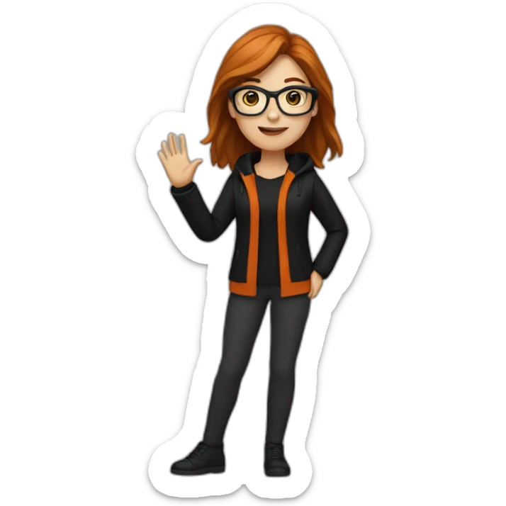 white woman waving with glasses with long straight brown hair waving wearing a dark orange sweater and black jacket sticker