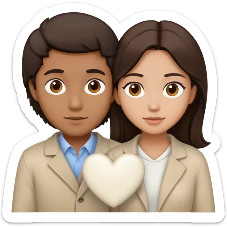 A couple with dark brown hair and mixed skin tone inside a white heart, both wearing beige clothes sticker