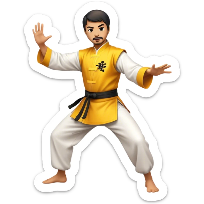 Cinematic Realistic Kung Fu Action Emoji, depicted as an epic martial arts scene with a master executing a precise move in traditional attire, rendered with fluid motion and vibrant textures under dramatic high-contrast lighting. sticker