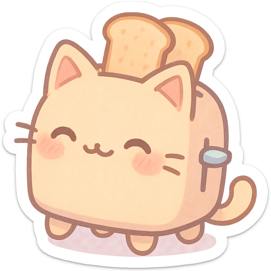 chibi cat-toaster hybrid, two toast slices popping out, sweet smile, soft pastel palette, full-body sticker