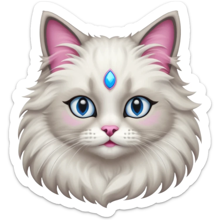 Neva masquerade cat, very fluffy, gray and white, blue eyes and pink nose sticker
