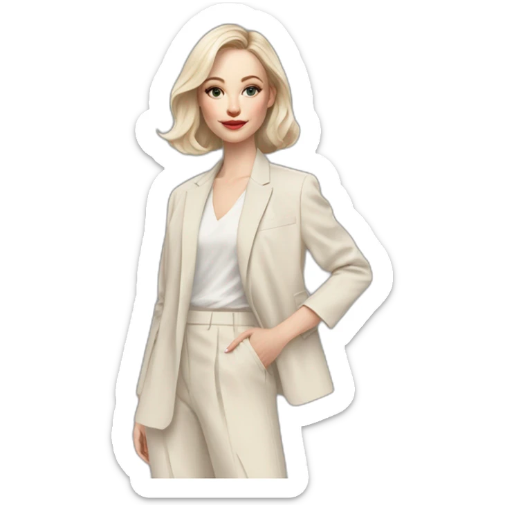 pale skin woman with ash blonde Straightened bob Hair, White Spacious classical jacket, beige palazzo Arrow pants and gray blouse holding a color palettes in the hands sticker