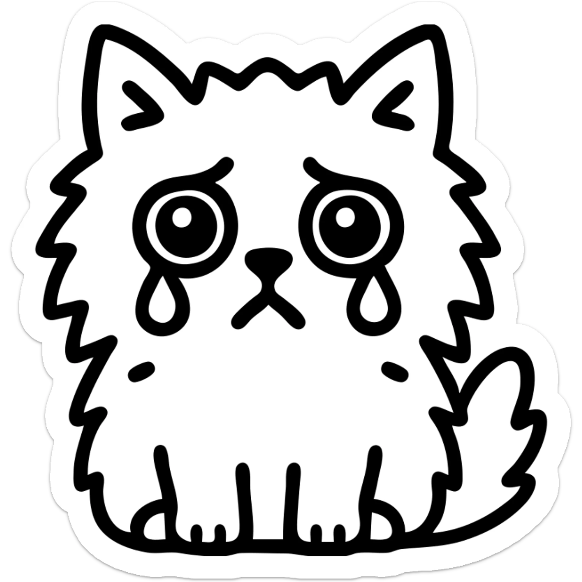 icon of a black and white fluffy cat with big teary eyes, simple and recognizable, iconographic style sticker