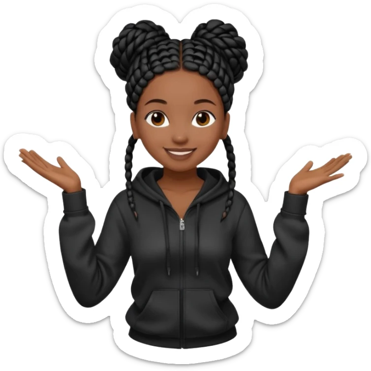 African American girl dark skin complextion long black box braids wrapped in a bunwearing plain black hoodie dancing sticker