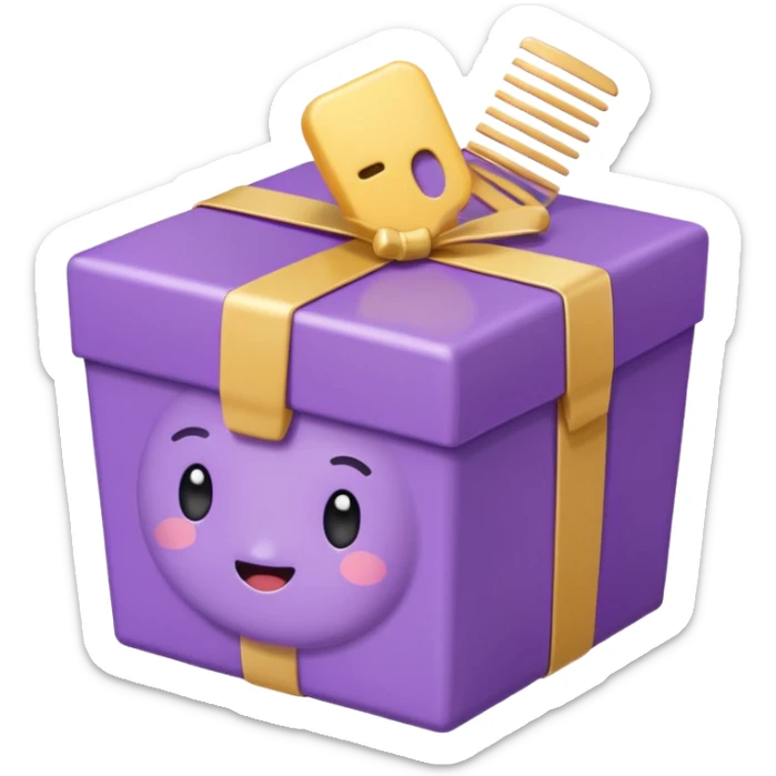 Kawaii emoji illustration of a purple gift box with a comb inside, chubby proportions, glossy finish, pastel colors, soft shading, adorable style, simple and clean design, transparent background sticker