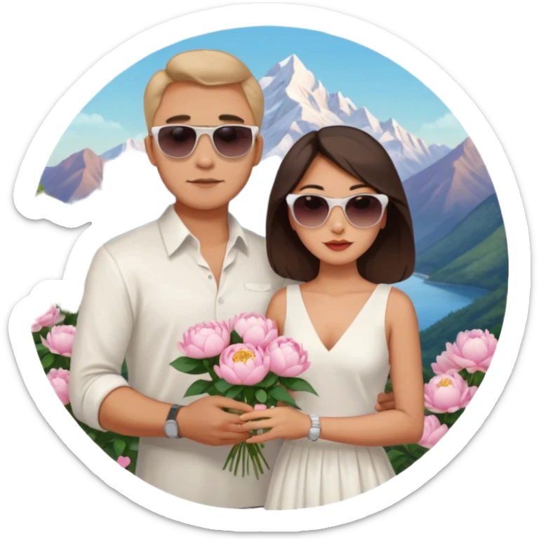 Couple traveling in Montenegro russian man and elegant  Latina girl delicate peonies and mountains in the background  sticker