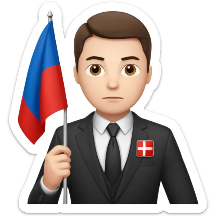 a male politician in a business suit with a Russian flag sticker
