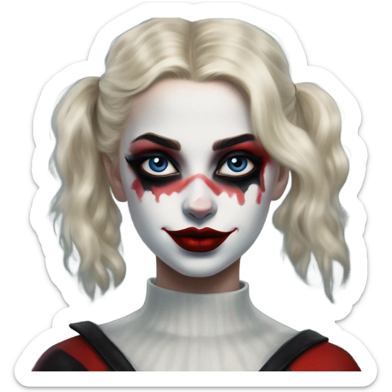 Dalahäst in Harley Quinn style, oil paint, mysterious eyes, intricate lips, masterpiece portrait, odd perspective, beautiful, desirable, logical sticker