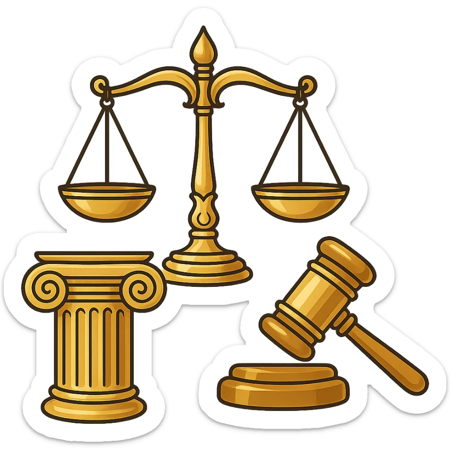Vector illustration of a classic symbol of law (e.g. scales of justice, gavel, courthouse column), designed with elegant and refined lines. Include intricate golden detailing, soft gradients for a polished metallic look, and realistic shadows and highlights for depth. Style should be clean and professional, with a modern yet timeless feel. Transparent background sticker