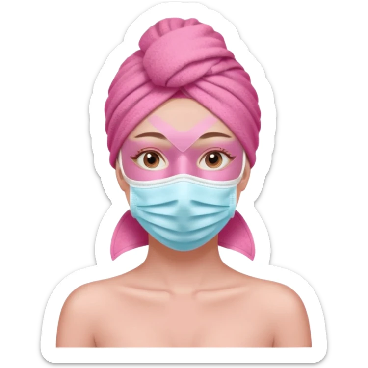 Clean girl influencer character, chest-up portrait, pink head towel, half-face facial mask, minimal self-care look, clean modern illustration sticker