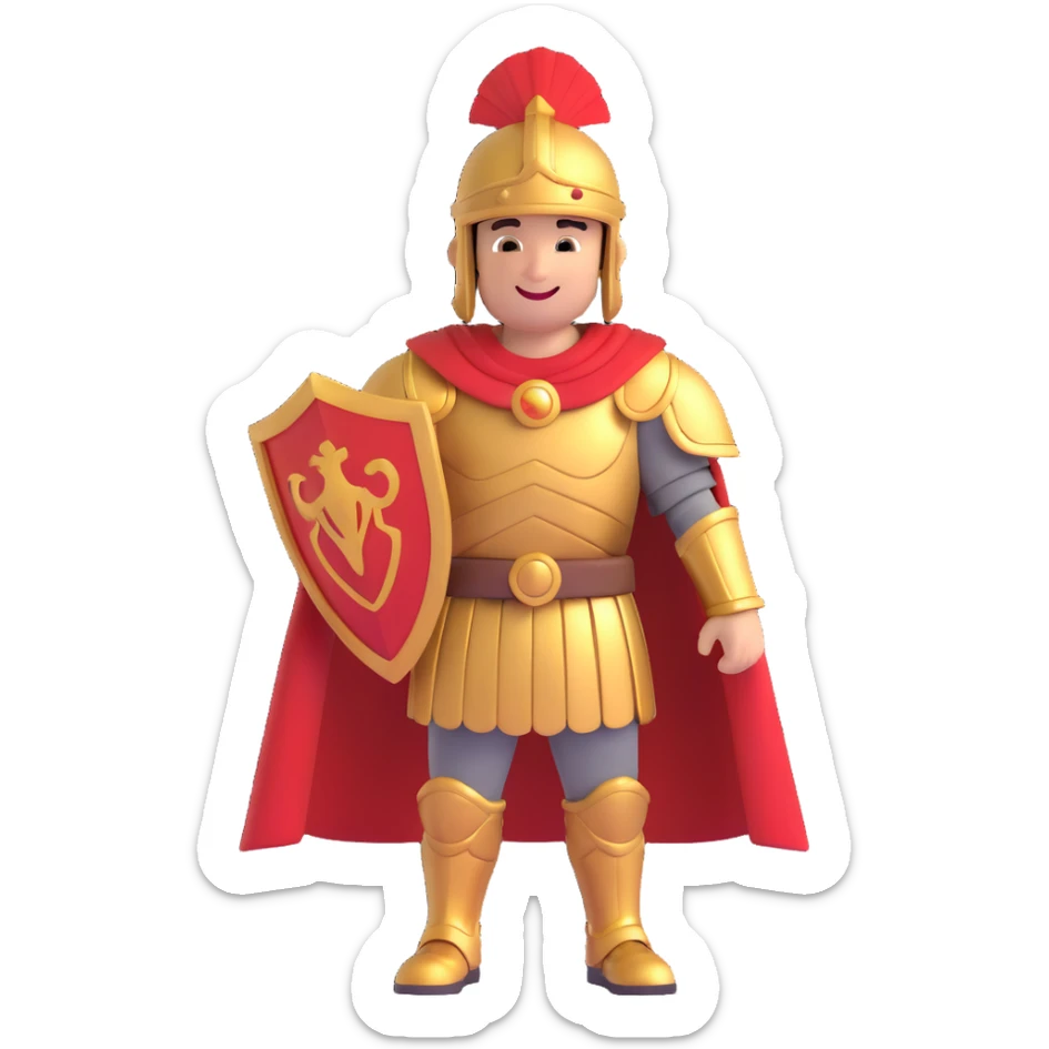 roman empire soldier, cartoon style, gold armor, red cape, helmet with red plume, smiling sticker