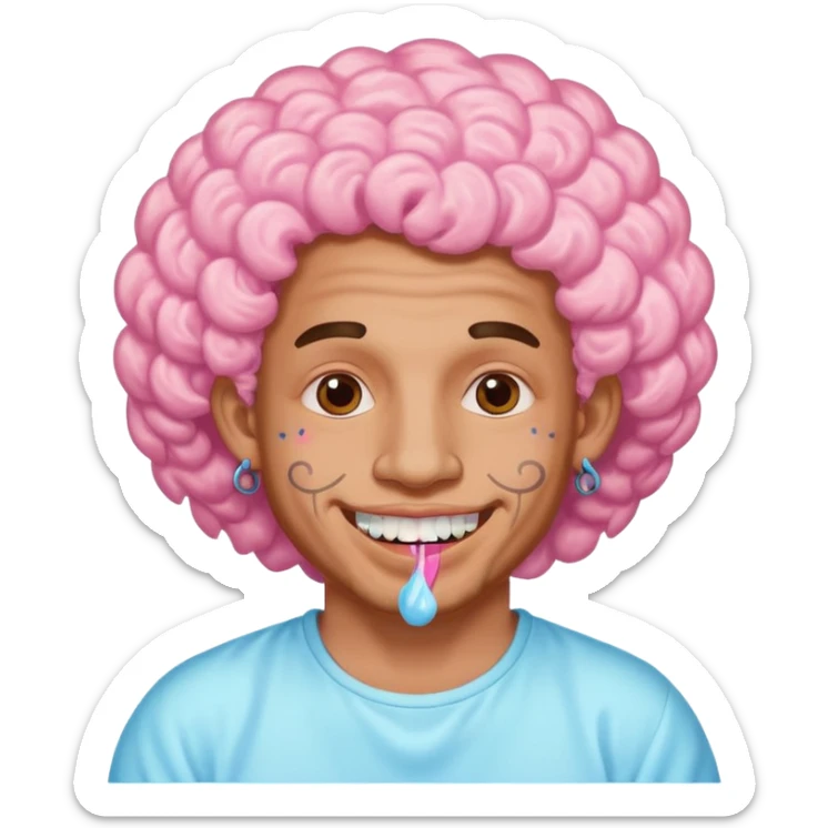 very cheerful colorful puffy curly haired man made out of cotton candy with teeth-braces and tattoos and face tattoos just face  sticker