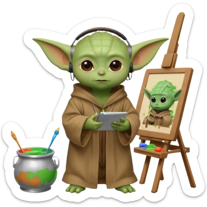 Baby Yoda in his brown robe listening music on his headphones, painting a picture on an easel and surrounded by paint pots. sticker