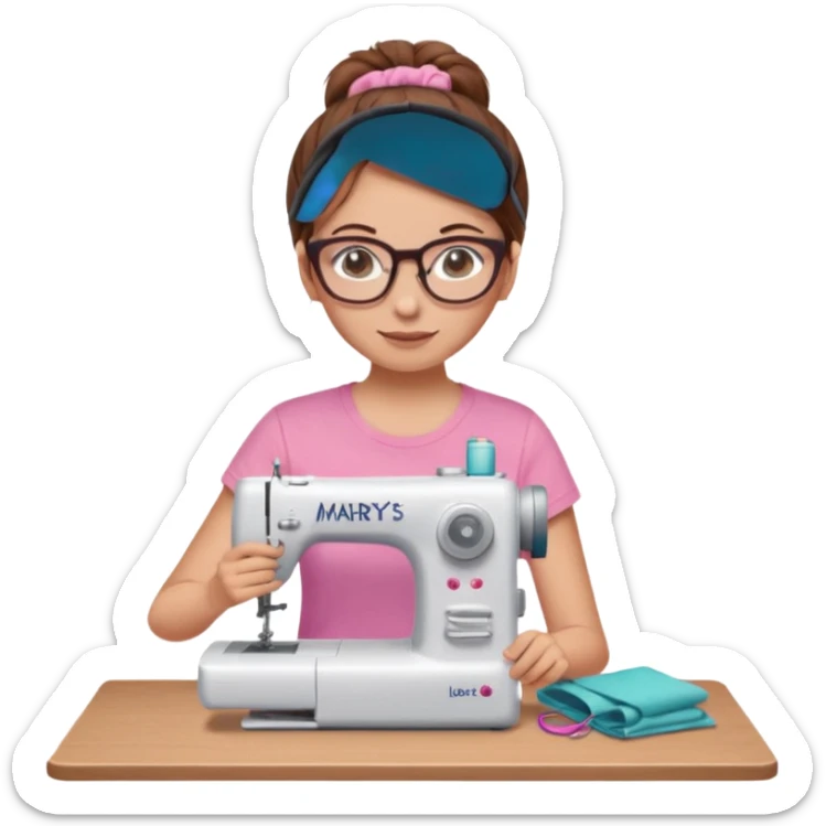 Woman with glasses and brown hair in pink t shirt meme with messy bun using a sewing machine add the words Mary’s Jellyroll Creations on the bottom sticker