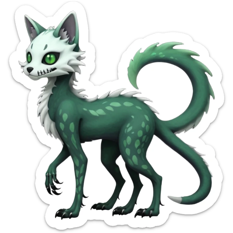 Scaley Kawaii spectral spooky dark bleak blackish swampy white-skeletal gloomy ghostly dark greyish dark-deep-greenish foggy eldritch beautiful realistic edgy fantasy ghoul-like stitched feline-vernid-sergal-fursona animal creature with a tufted tail full body with intricate markings  sticker