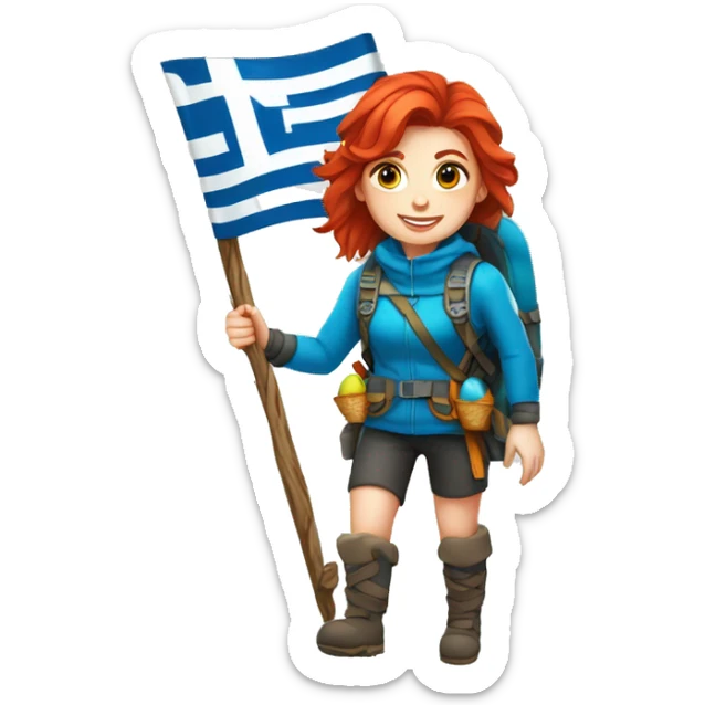 Female winter mountaineer red hair white skin climbing with Greek Flag and Easter eggs basket sticker