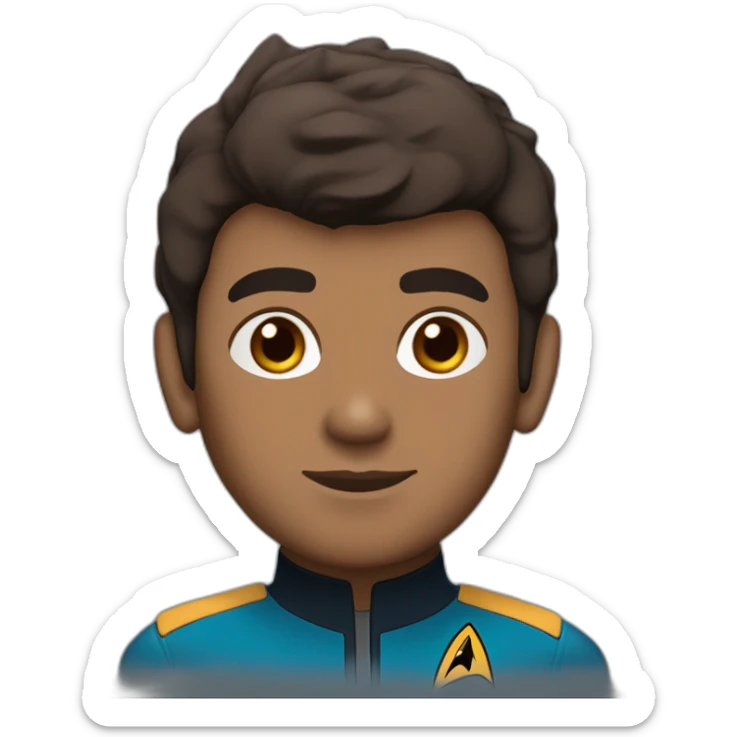 Sri Lankan Spock from Star Trek, chocolate brown skin, short spiky hair, pointy ears, blue jacket sticker