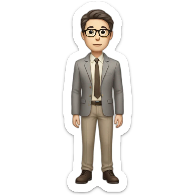 Full height Pale skinned Fit Man With dark brown hair in gray jacket, beige office shirt, tie, Brown pants and vintage glasses. Thrumbs of his palms directed up sticker
