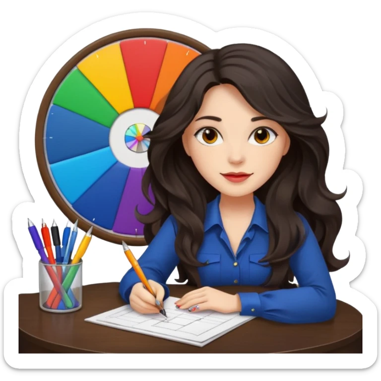 female dark wavy long hair graphic designer , big color wheel behind , pens, papers, desktop sticker