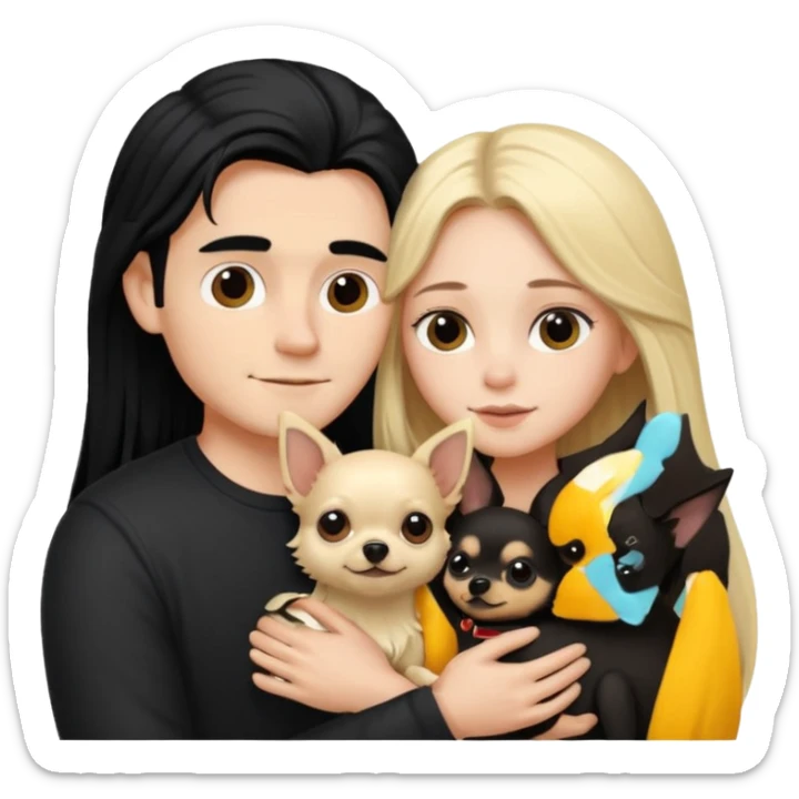  Pareja Chico pelo largo rubio.chica pelo largo negro y chihuahua negro  sticker