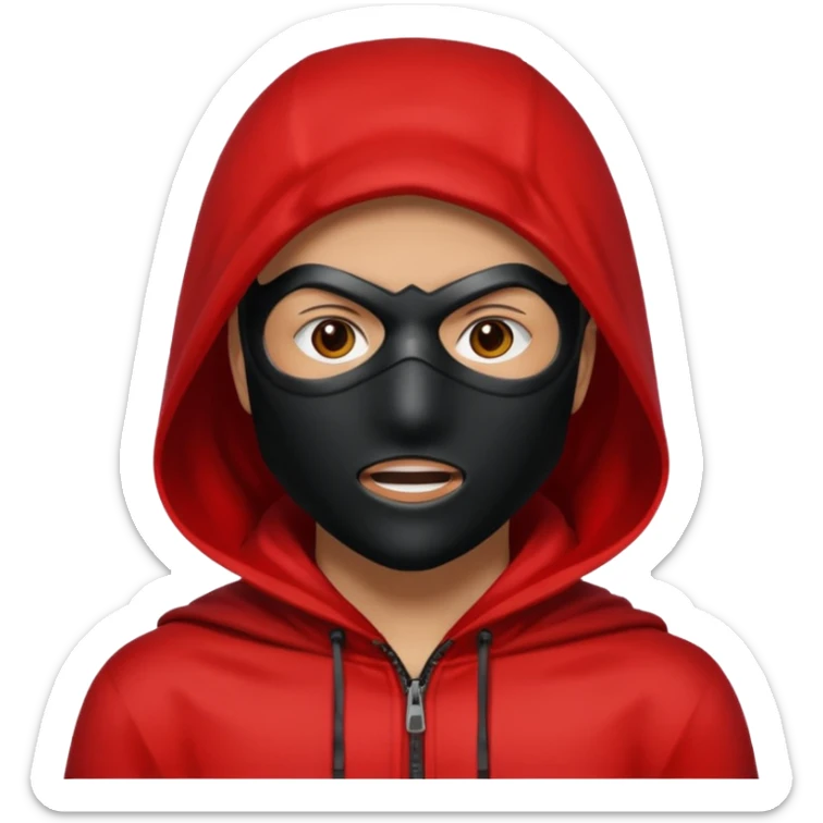 Q person with a red hood on and a black mask with a white square in the middle  sticker