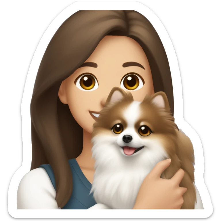 beige and white Pomeranian in the hands of a white young woman with dark brown hair smiling and cuddling the dog  sticker