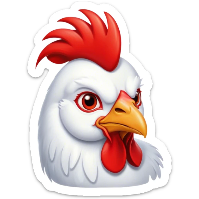 Cinematic Cute White Rooster Portrait Emoji, Head tilted playfully and inquisitively, featuring a glossy, immaculate white plumage with a vibrant red comb, round, sparkling eyes filled with curiosity, Simplified yet irresistibly adorable features, highly detailed, glowing with a warm, friendly glow, high shine, affectionate and spirited, stylized with a touch of farmyard whimsy, bright and endearing, soft glowing outline, capturing the essence of a mischievous yet loving rooster, so playful it feels like it could strut out of the screen and into your arms! sticker
