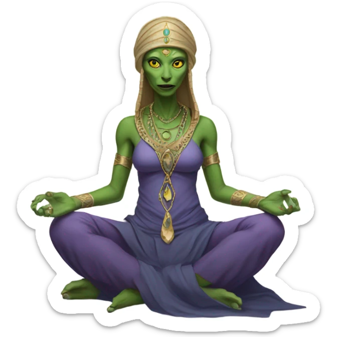 a Reptilian alien woman,in meditation, dress like a priestess sticker
