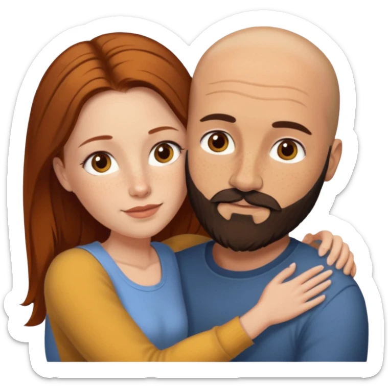 Couple. Bald man with dark brown-black beard. White woman with many small, faded freckles, she has white skin and she has auburn-yellow-brown-cinnamon, dark long hair. She has light brown eyes. The man have hazel eyes. Retro style. They hug. sticker