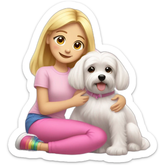 A girl with blonde hair in a ligh pink T-shirt and rainbow leggings hugs a maltese dog sticker
