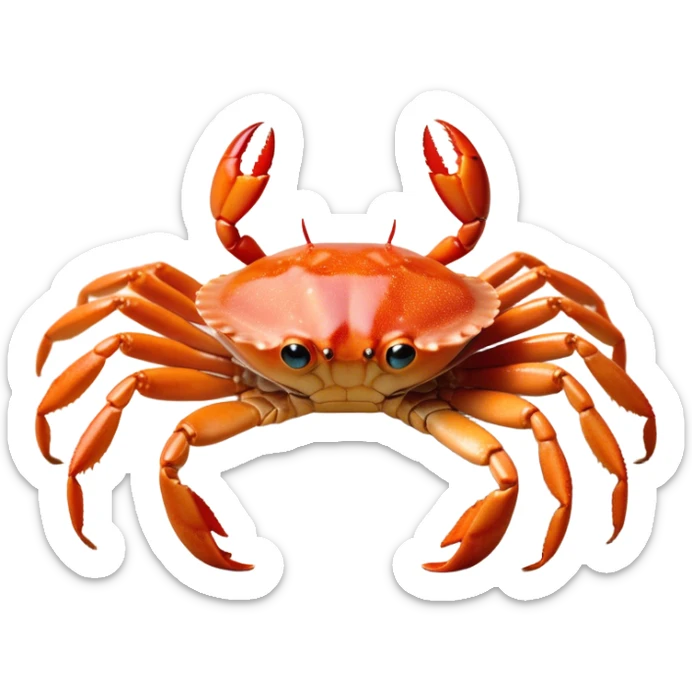 Cinematic Noble Baby Crab Portrait Emoji, Poised and curious, with a small, delicate carapace in vibrant hues, tiny, alert eyes on short stalks, and miniature, intricately detailed pincers, Simplified yet sharp and sophisticated features, highly detailed, glowing with a soft, coastal radiance, high shine, intelligent and determined, stylized with an air of seaside authority, focused and attentive, soft glowing outline, capturing the essence of a watchful and confident juvenile crustacean that appears ready to scuttle out of the screen with effortless charm! sticker