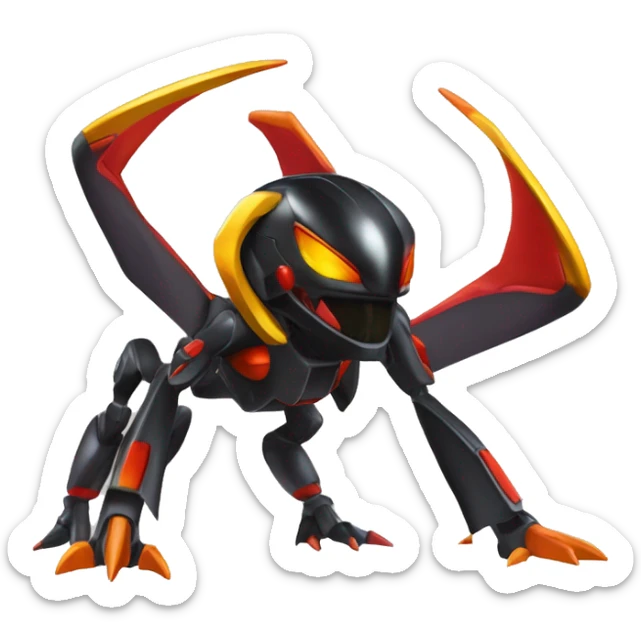a shiny metallic black-red-orange-yellow Genesect-Flygon-Raptor-Fakémon-Medabot-hybrid with a futuristic visor-helmet full body sticker