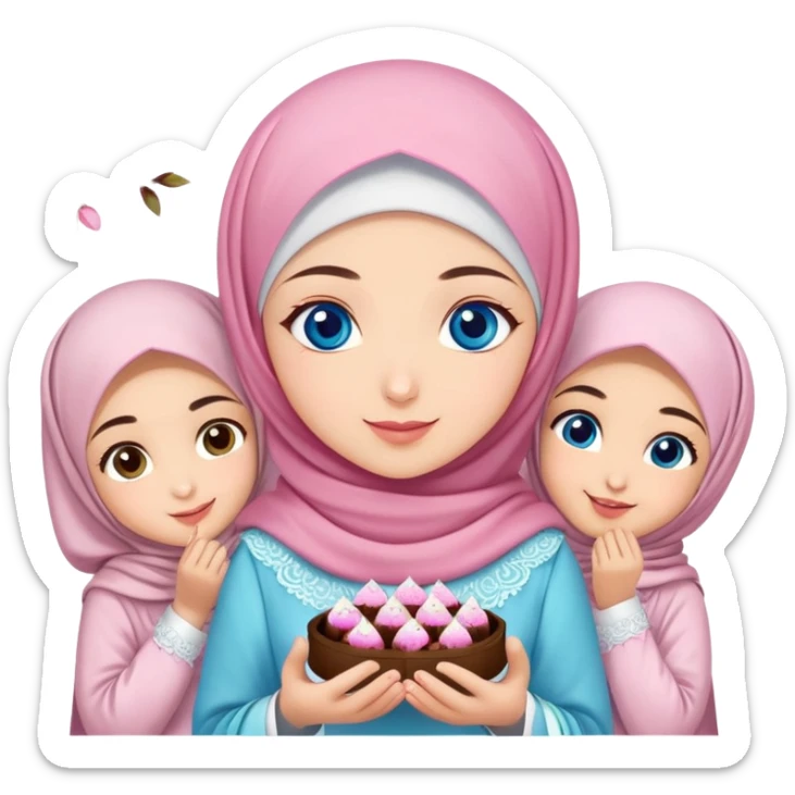 Turkish beautiful finish Konya girl blue eyes with cherry blossom hijab islamic dress and had on her hand text Eid Mubarak with sweets and celebrating with her friends eid days   sticker