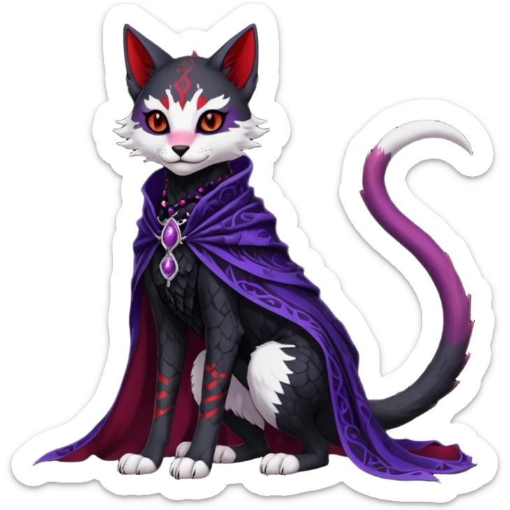 Kawaii feral, four-legged gothic dark badass black, red, purple, beautiful pretty elegant divine edgy feline-vernid-sergal-Trico-fursona-animal-creature, full body, with intricate detailed markings, silken shawl sticker