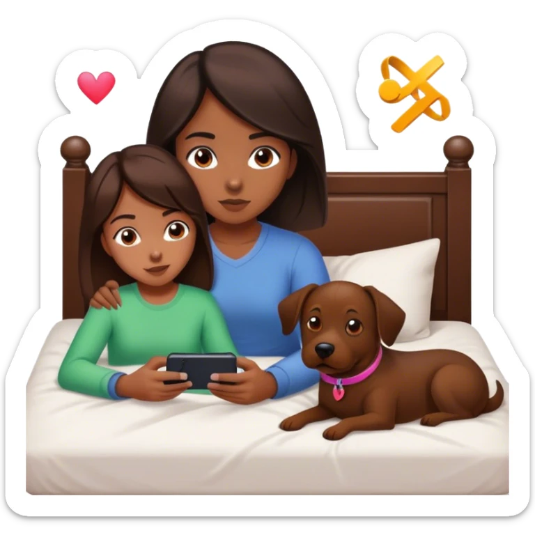 A girl with dark medium brown hair, laser on her bed with her dog, who who is medium brown playing on her phone with her boyfriend with her PlayStation laying beside of her heart is flying all around sticker