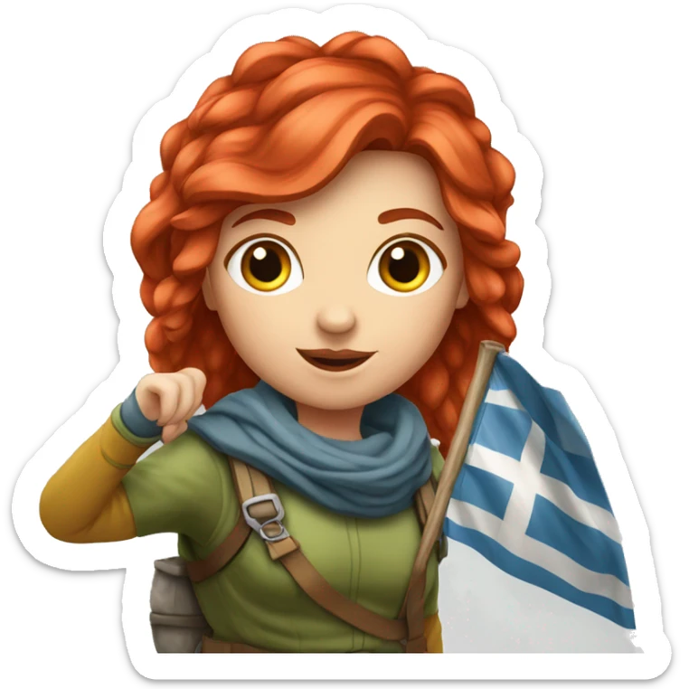 red hair female winter mountaineer offering red Easter eggs and Greek flag sticker