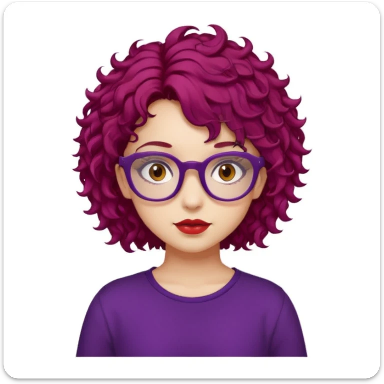 girl, almond brown eyes, red rectangle glasses, curly mid-short hair, deep purple hair, red top, casual-goth sticker