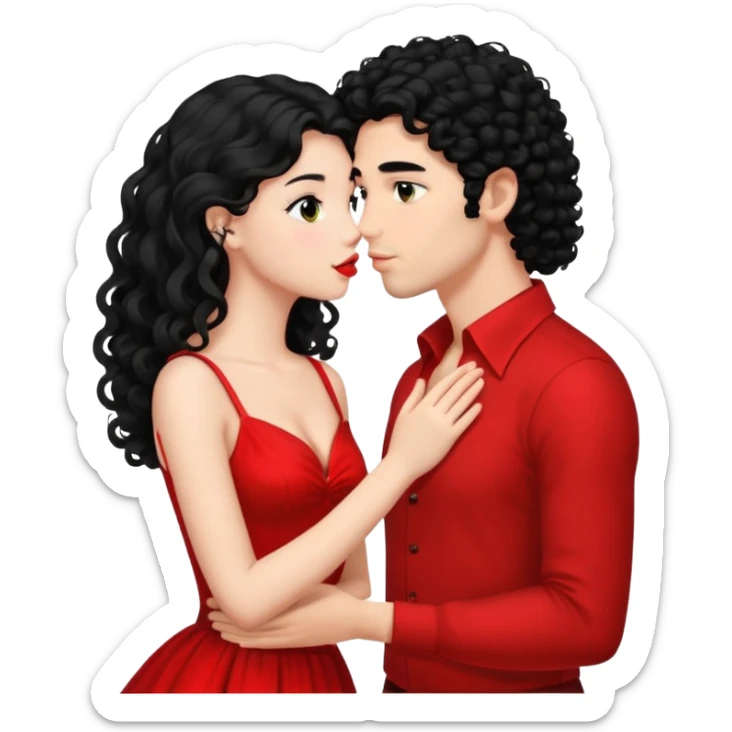 a handsome man with black curly hair tries to kiss a cute woman who has long black hair sticker