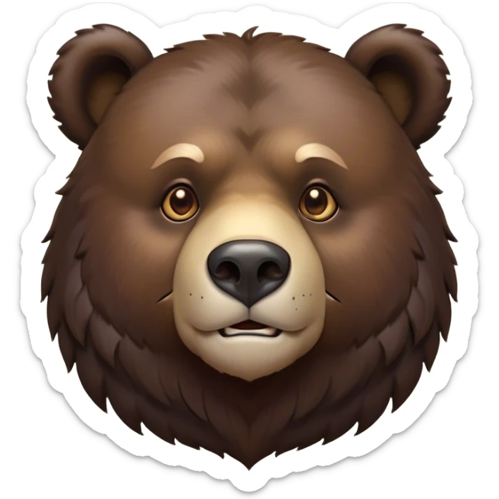 Cinematic Noble Bear Portrait Emoji, Poised and regal, with a large, imposing build and a thick, well-groomed rich dark brown fur, deep-set soulful eyes, Simplified yet sharp and sophisticated features, highly detailed, glowing with a soft, dignified glow, high shine, intelligent and formidable, stylized with an air of wild majesty, focused and attentive, soft glowing outline, capturing the essence of a watchful and commanding guardian, so majestic it feels as though it could lumber out of the screen with effortless authority! sticker
